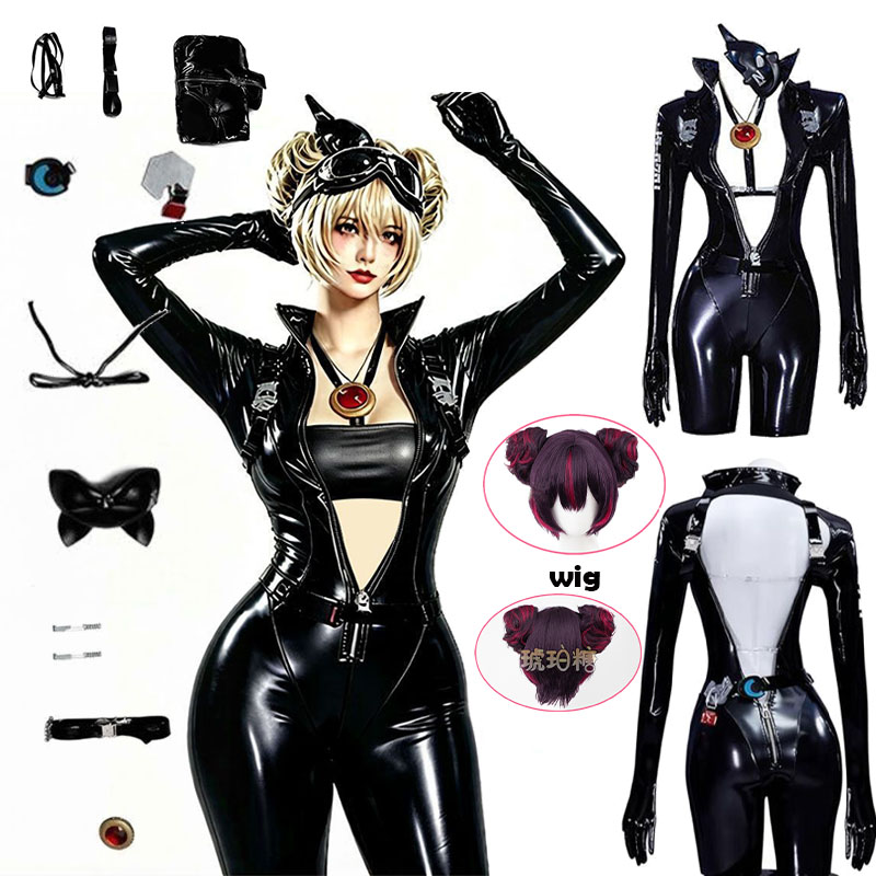Cosplay Props - WHH アニメニッケクエンシーコスプレ衣装黒のボディスーツマスクベルト付き素敵なステッチコスプレ衣装女性ロールプレイパーティー
