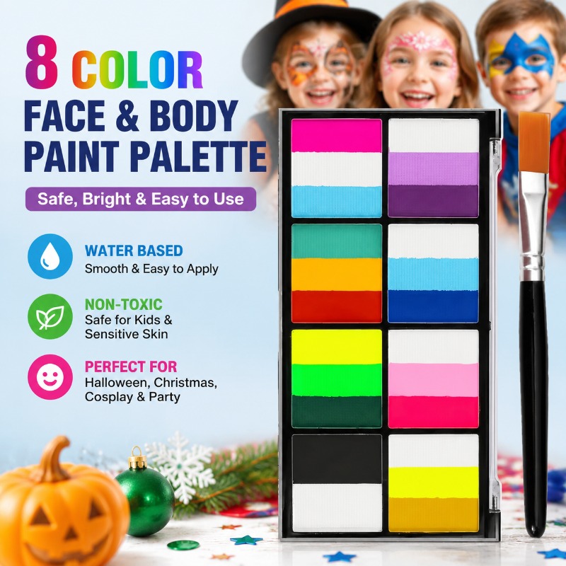 Cosplay Prop Paint - 8色レインボーフェイス＆ボディペイントパレット、ブラシ付き、水性無毒ペイントセット、ハロウィン、クリスマス、コスプレパーティー用