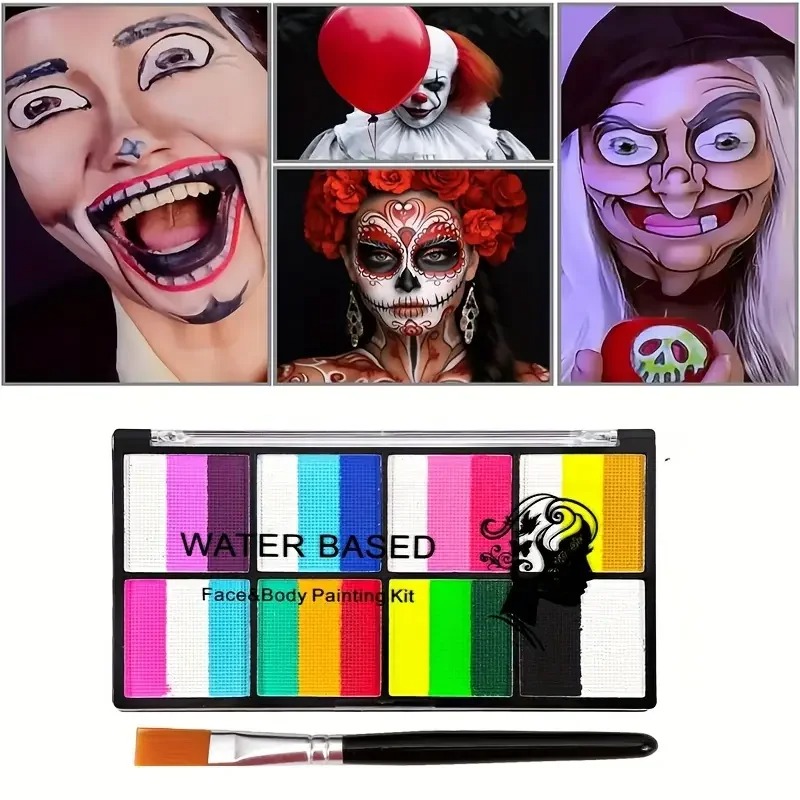 8色レインボーフェイス＆ボディペイントパレット、ブラシ付き、 - Cosplay Prop Paint のレビューと価格