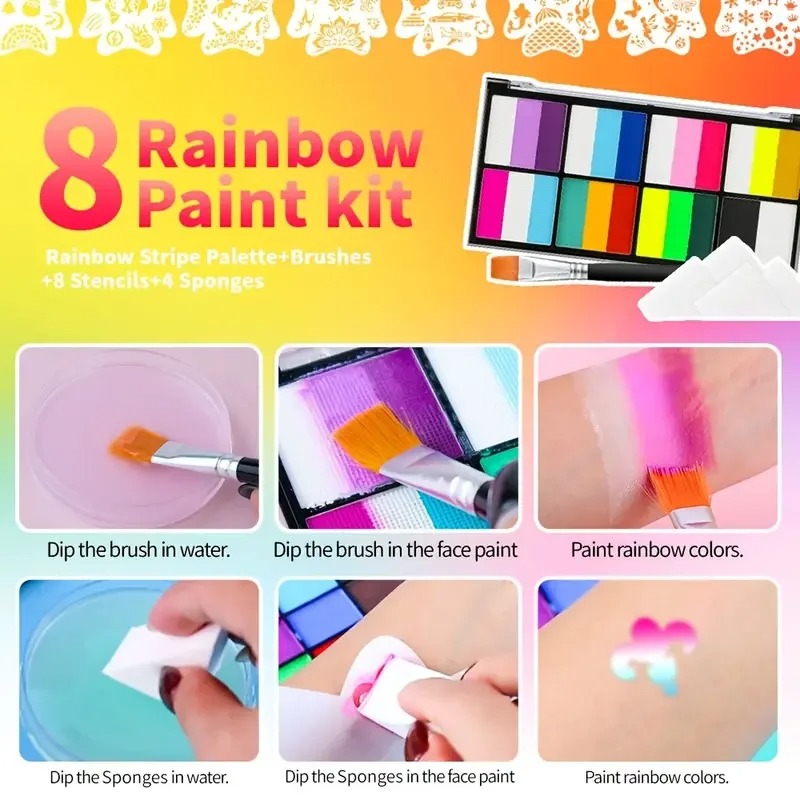 8色レインボーフェイス＆ボディペイントパレット、ブラシ付き、 - Cosplay Prop Paint のレビューと価格
